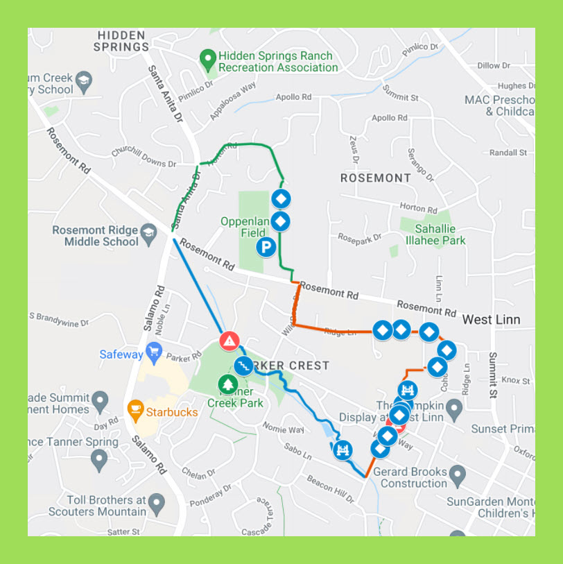 MAP WALKING WEST LINN PARKER CREST TANNER CREEK ROSEMONT LOOP 2022 03 30